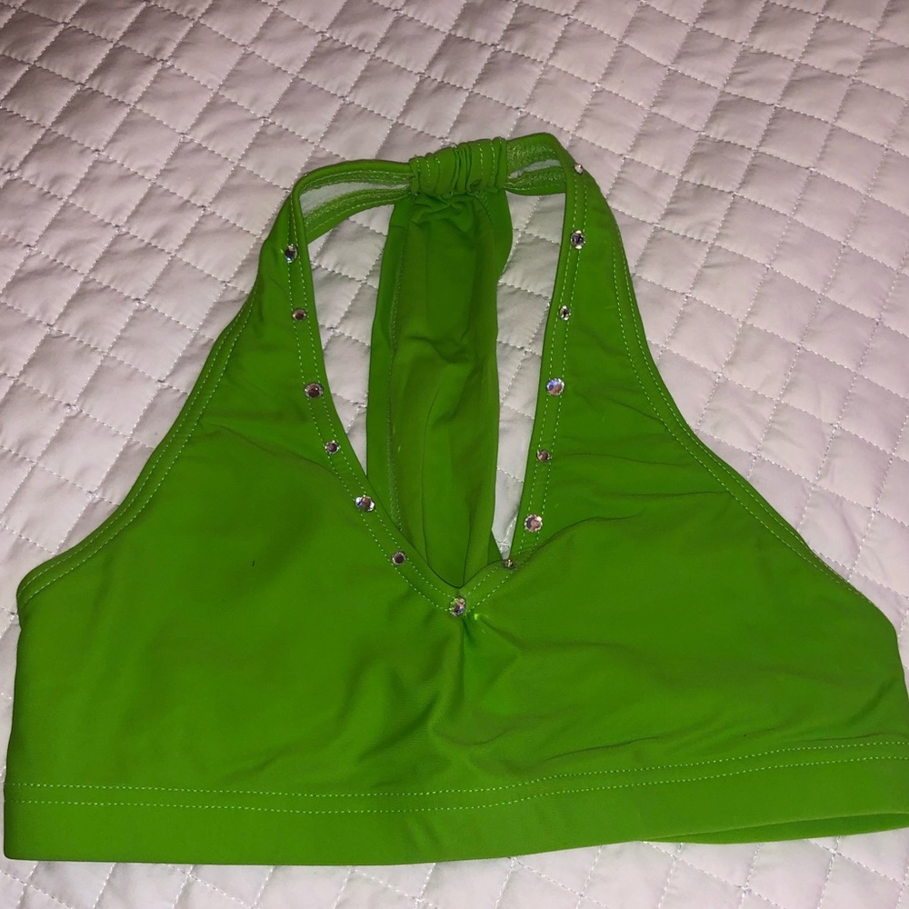 Green Crop Top w/ Swarovski Crystals on Neckline